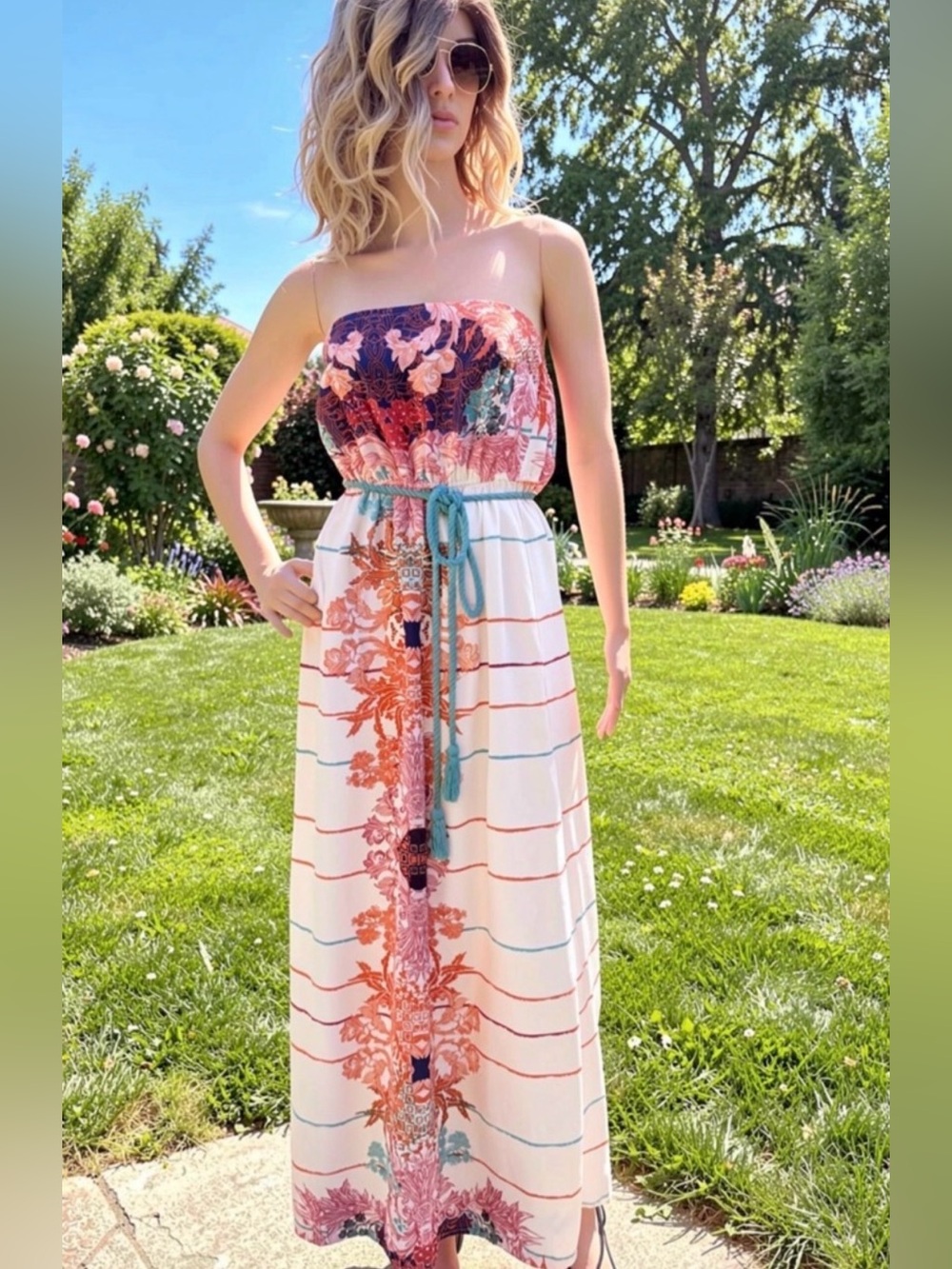 West 36th Floral Green & Coral Strapless Maxi Sundress Elastic Waist Rope Belt M